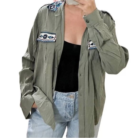 Rails Kona Button Down Shirt Linen Blend Embroidered Olive Green Shirt Sz XS - Picture 2 of 14